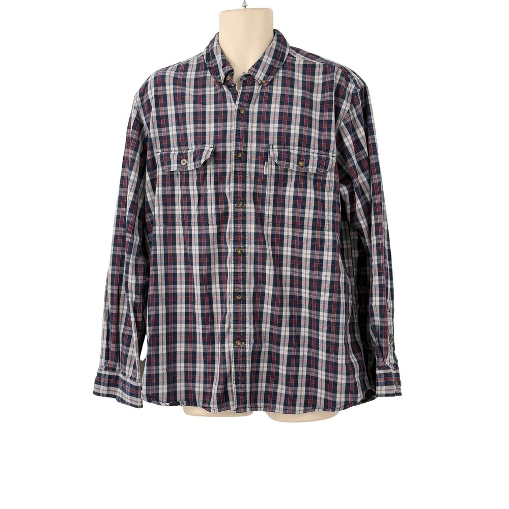 Carhartt Relaxed Fit Men's Button Down Shirt Red‎ White Blue Plaid Size XL